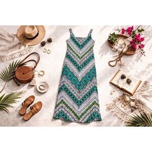 Glamour Maxi Dress 12 | Teal Geometric Chevron Sleeveless Boho | Resortwear